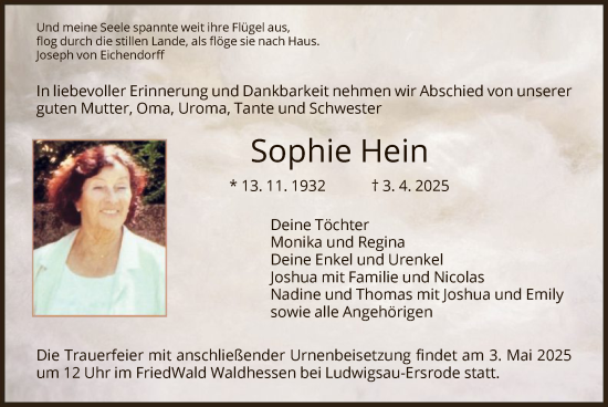 Traueranzeige von Sophie Hein von HZ