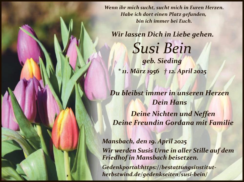  Traueranzeige für Susi Bein vom 19.04.2025 aus HZ