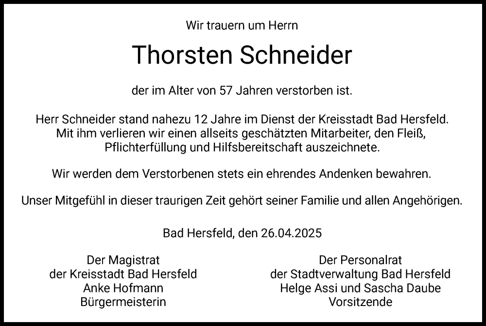  Traueranzeige für Thorsten Schneider vom 26.04.2025 aus HZ