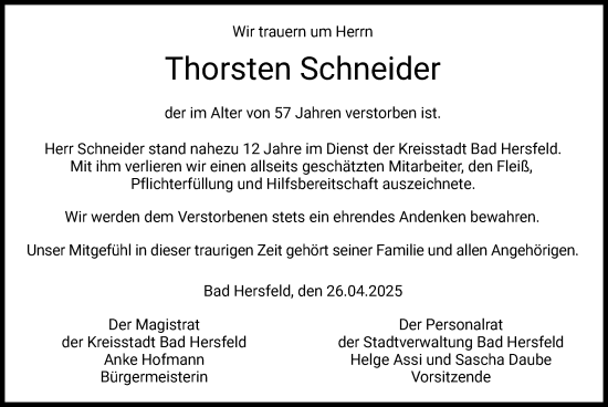 Traueranzeige von Thorsten Schneider von HZ