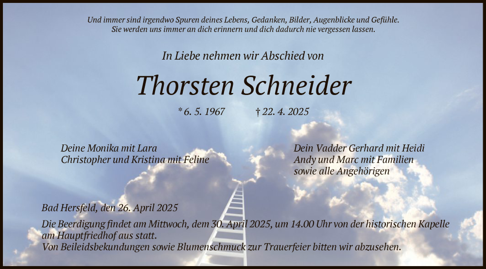  Traueranzeige für Thorsten Schneider vom 26.04.2025 aus HZ
