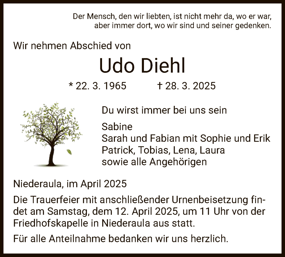  Traueranzeige für Udo Diehl vom 05.04.2025 aus HZ