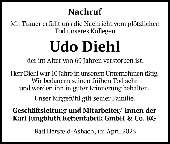 Traueranzeige von Udo Diehl von HZ