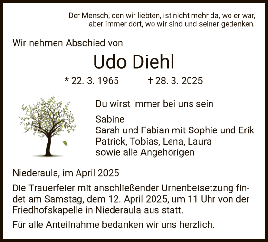 Traueranzeige von Udo Diehl von HZ
