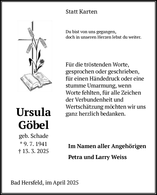 Traueranzeige von Ursula Göbel von HZ