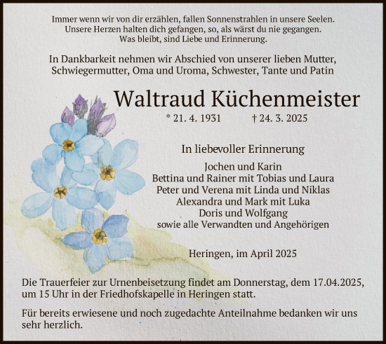 Traueranzeige von Waltraud Küchenmeister von HZ
