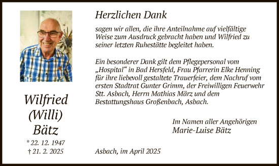 Traueranzeige von Wilfried Bätz von HZ