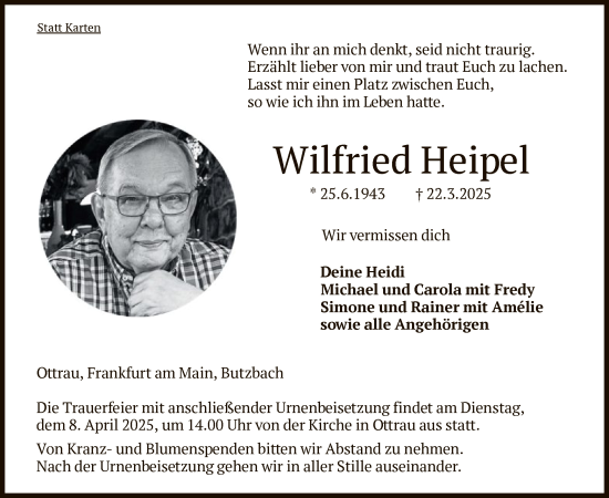 Traueranzeige von Wilfried Heipel von HNAHZ