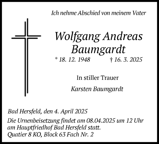 Traueranzeige von Wolfgang Andreas Baumgardt von HZ
