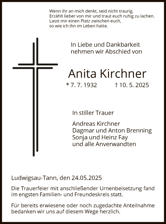 Traueranzeige von Anita Kirchner von HZ