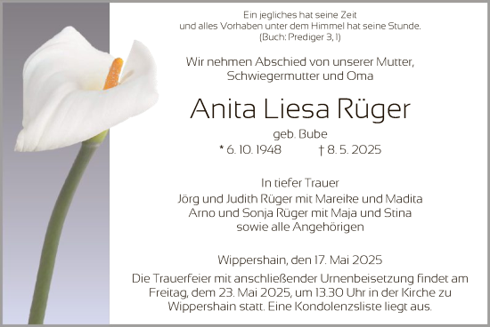 Traueranzeige von Anita Liesa Rüger von HZ
