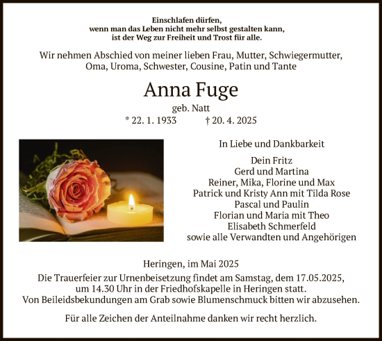 Traueranzeige von Anna Fuge von HZ