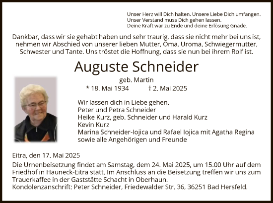 Traueranzeige von Auguste Schneider von HZ