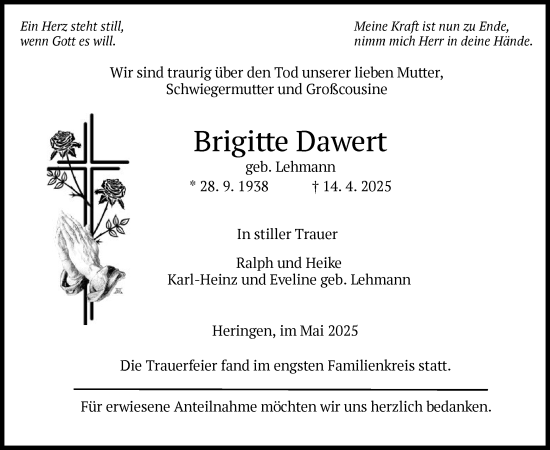 Traueranzeige von Brigitte Dawert von HZ