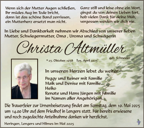 Traueranzeige von Christa Altmüller von HZHNA