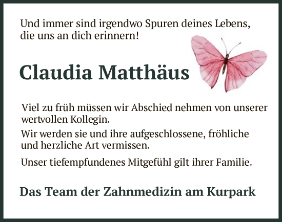 Traueranzeige von Claudia Matthäus von HZ