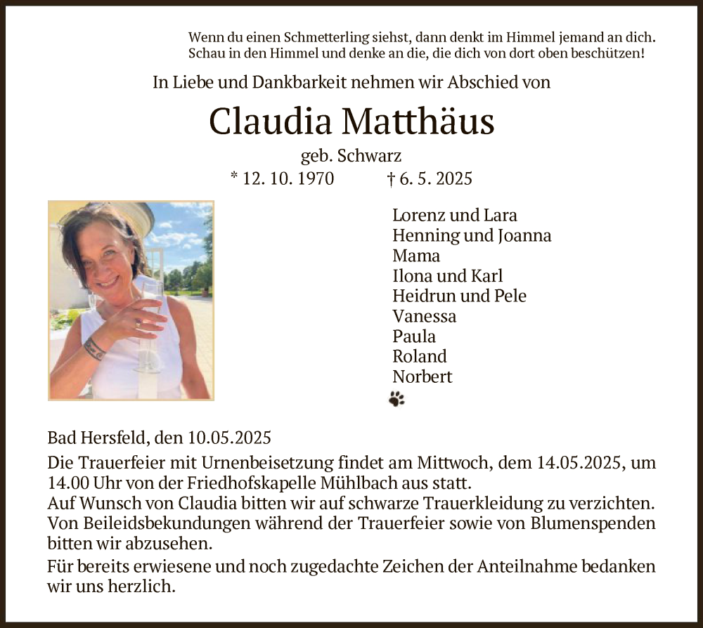  Traueranzeige für Claudia Matthäus vom 10.05.2025 aus HZ