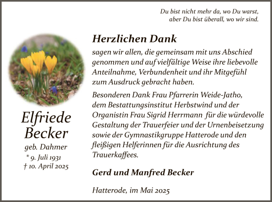 Traueranzeige von Elfriede Becker von HZ