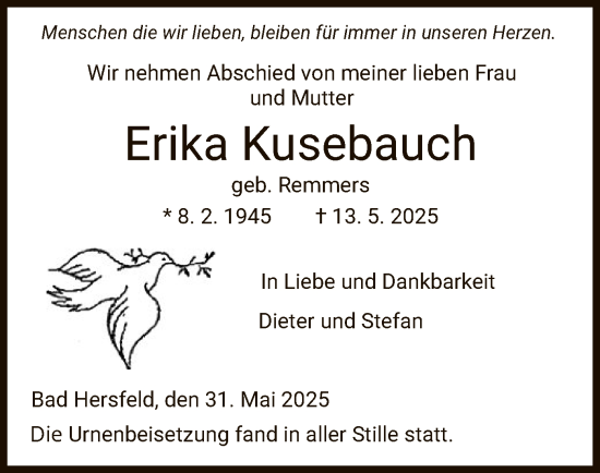 Traueranzeige von Erika Kusebauch von HZ
