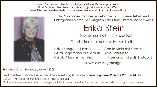 Traueranzeige von Erika Stein von HZ