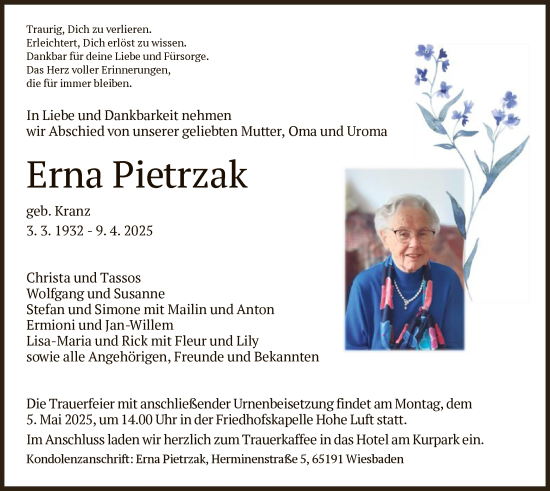 Traueranzeige von Erna Pietrzak von HZ