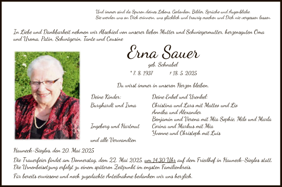 Traueranzeige von Erna Sauer von HZ