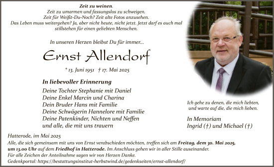 Traueranzeige von Ernst Allendorf von HZ
