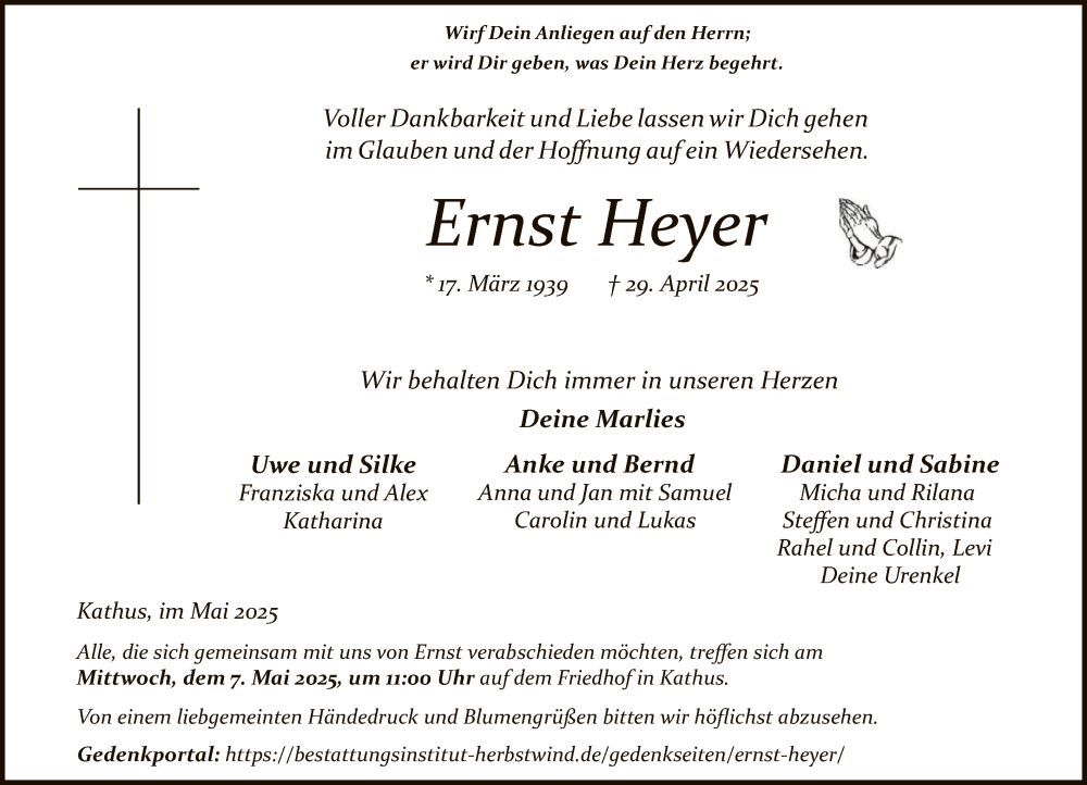  Traueranzeige für Ernst Heyer vom 03.05.2025 aus HZ