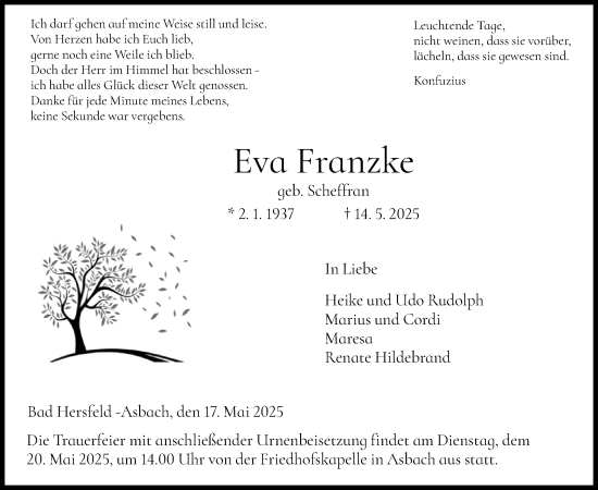 Traueranzeige von Eva Franzke von HZ