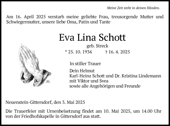 Traueranzeige von Eva Lina Schott von HZ