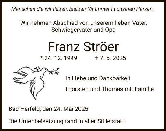 Traueranzeige von Franz Ströer von HZHN