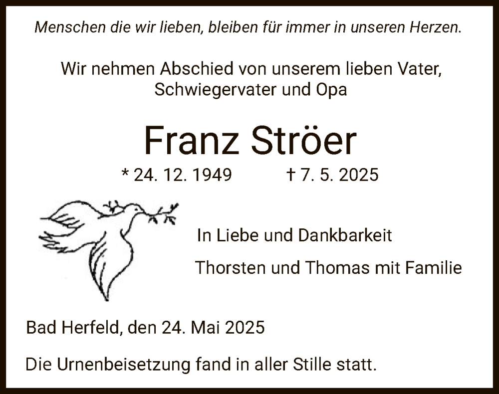  Traueranzeige für Franz Ströer vom 24.05.2025 aus HZHN