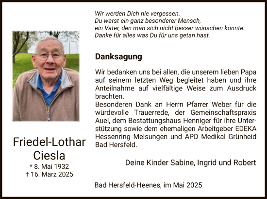Traueranzeige von Friedel-Lothar Ciesla von HZ