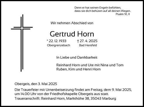 Traueranzeige von Gertrud Horn von HZ