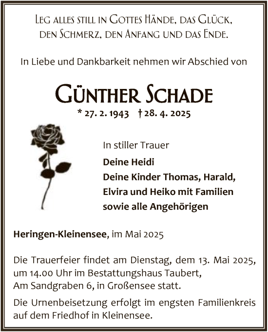 Traueranzeige von Günther Schade von HZHNA