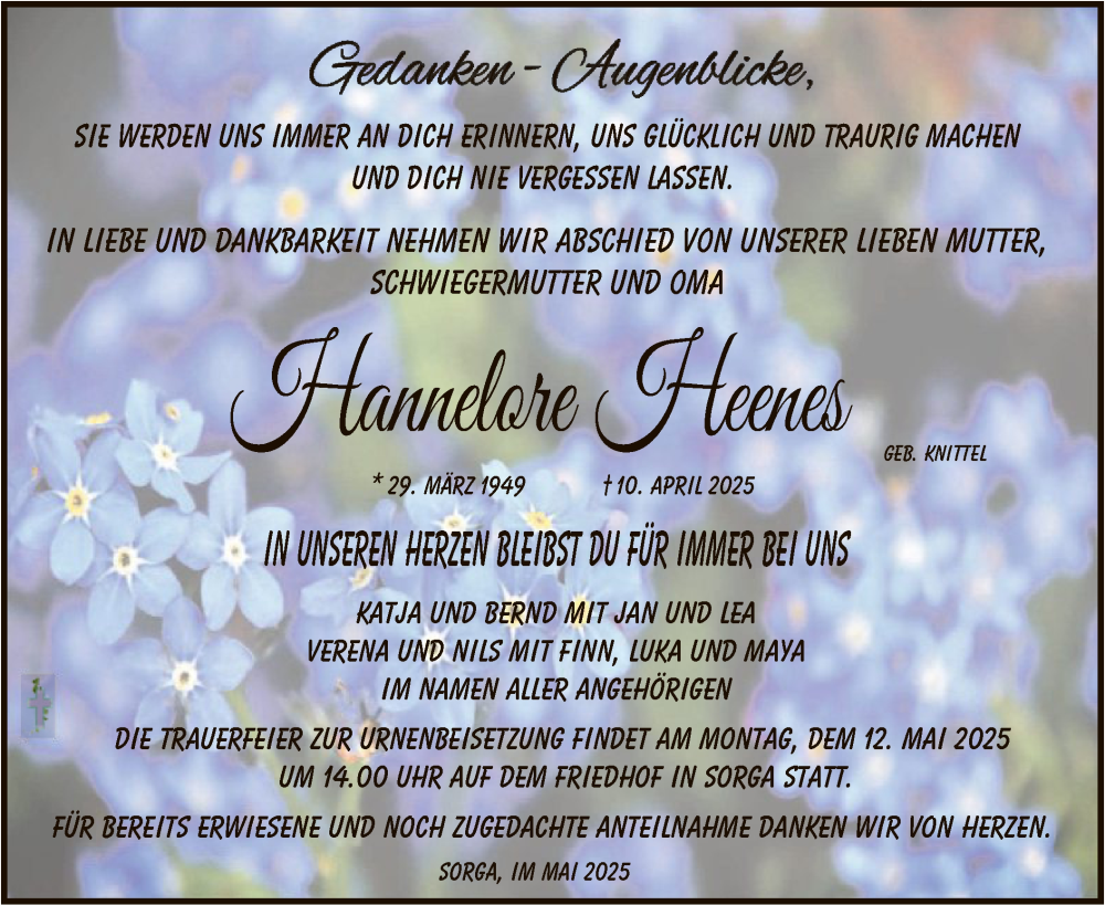  Traueranzeige für Hannelore Heenes vom 10.05.2025 aus HZ