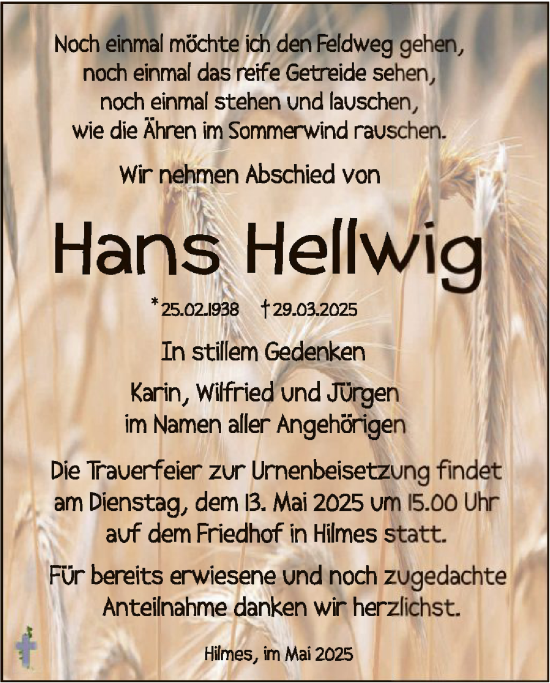 Traueranzeige von Hans Hellwig von HZHNA