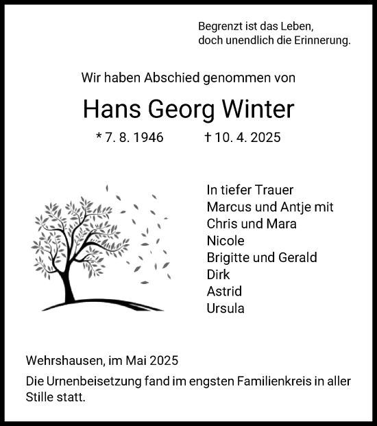 Traueranzeige von Hans Georg Winter von HZ