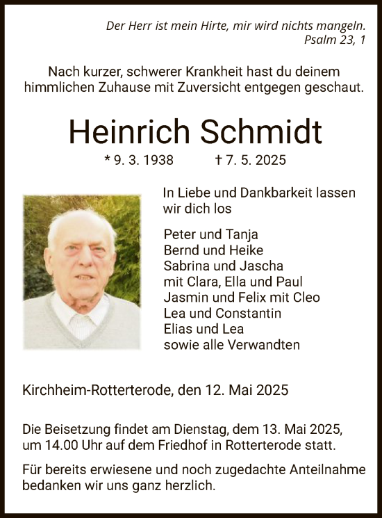 Traueranzeige von Heinrich Schmidt von HZ