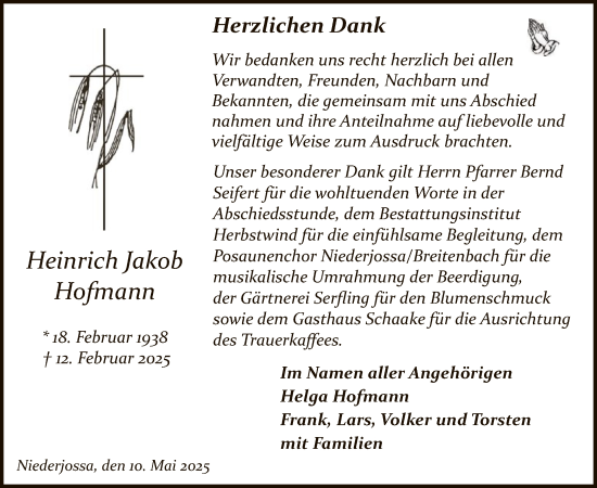 Traueranzeige von Heinrich Jakob Hofmann von HZ