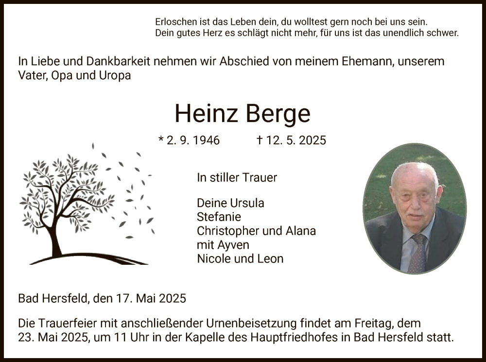  Traueranzeige für Heinz Berge vom 17.05.2025 aus HZ