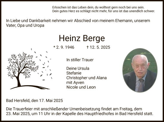 Traueranzeige von Heinz Berge von HZ