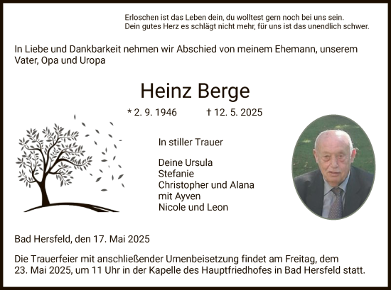 Traueranzeige von Heinz Berge von HZ
