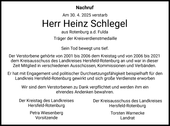 Traueranzeige von Heinz Schlegel von HZHNA
