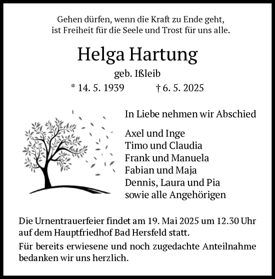 Traueranzeige von Helga Hartung von HZHNA