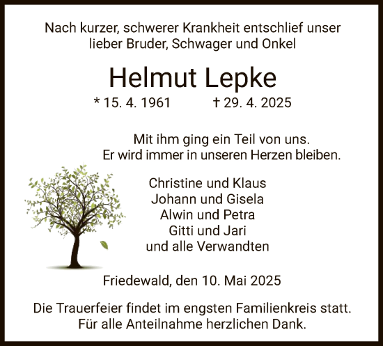 Traueranzeige von Helmut Lepke von HZ