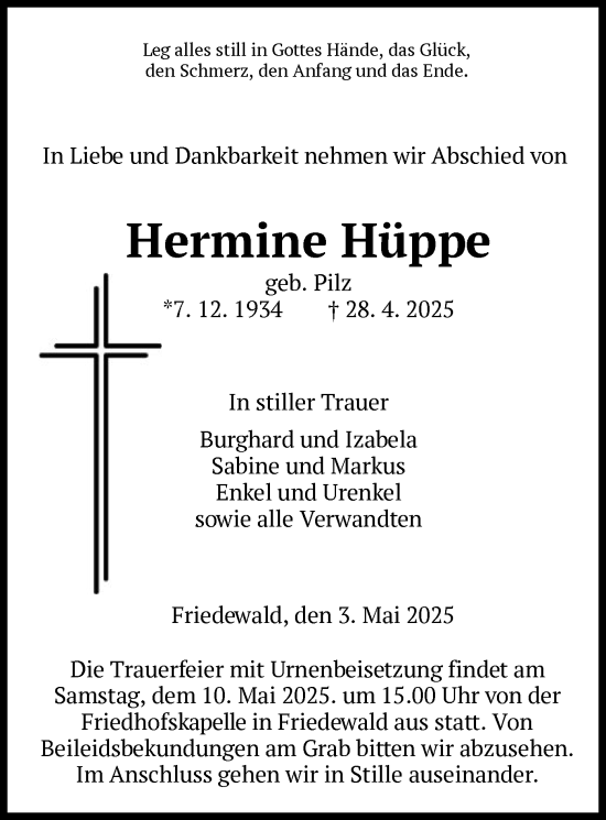 Traueranzeige von Hermine Hüppe von HZ