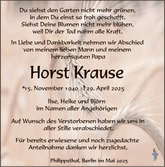 Traueranzeige von Horst Krause von HZHNA