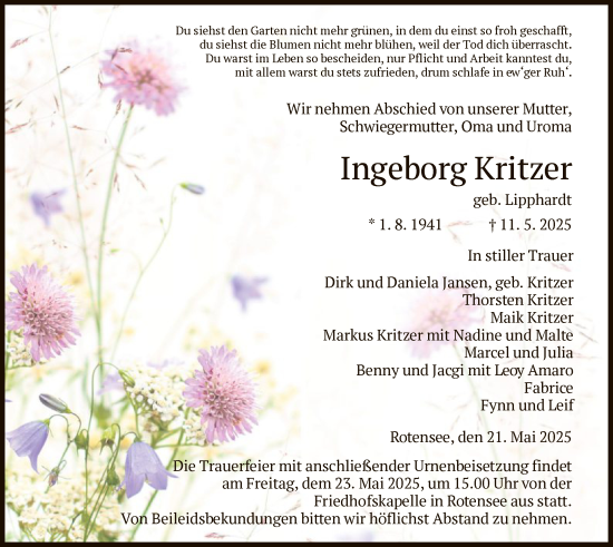 Traueranzeige von Ingeborg Kritzer von HZ