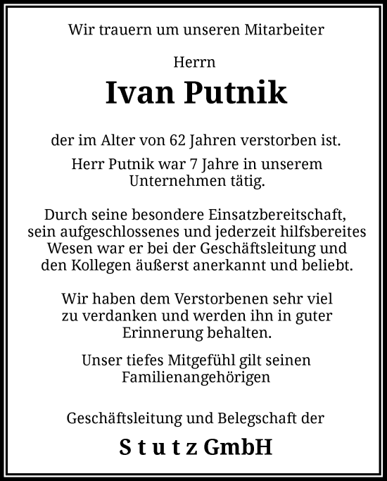 Traueranzeige von Ivan Putnik von HZ